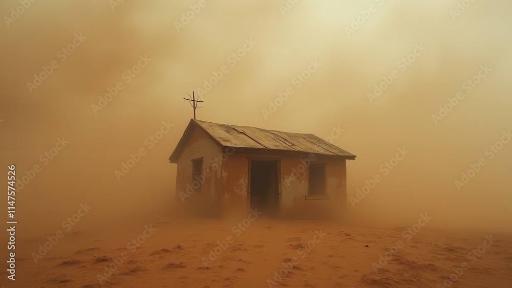 Isolated Cabin Amidst a Dust Storm in a Harsh Desert Environment
Isolated Cabin Amidst a Dust Storm in a Harsh Desert Environment