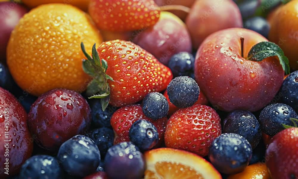 A vibrant assortment of fresh fruits with water droplets, showcasing their freshness and appeal. A vibrant assortment of fresh fruits with water droplets, showcasing their freshness and appeal.