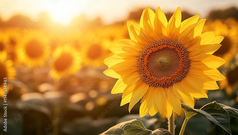 Fototapeta premium Vibrant sunflower in a field at sunset. (1)