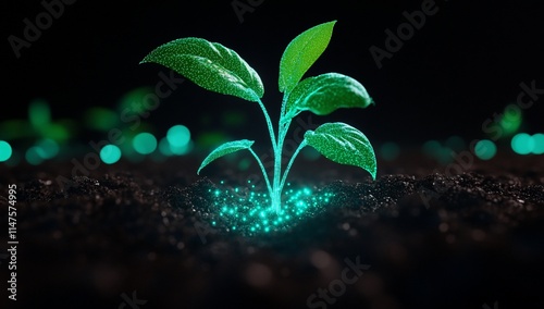 A glowing plant sprouting from dark soil.