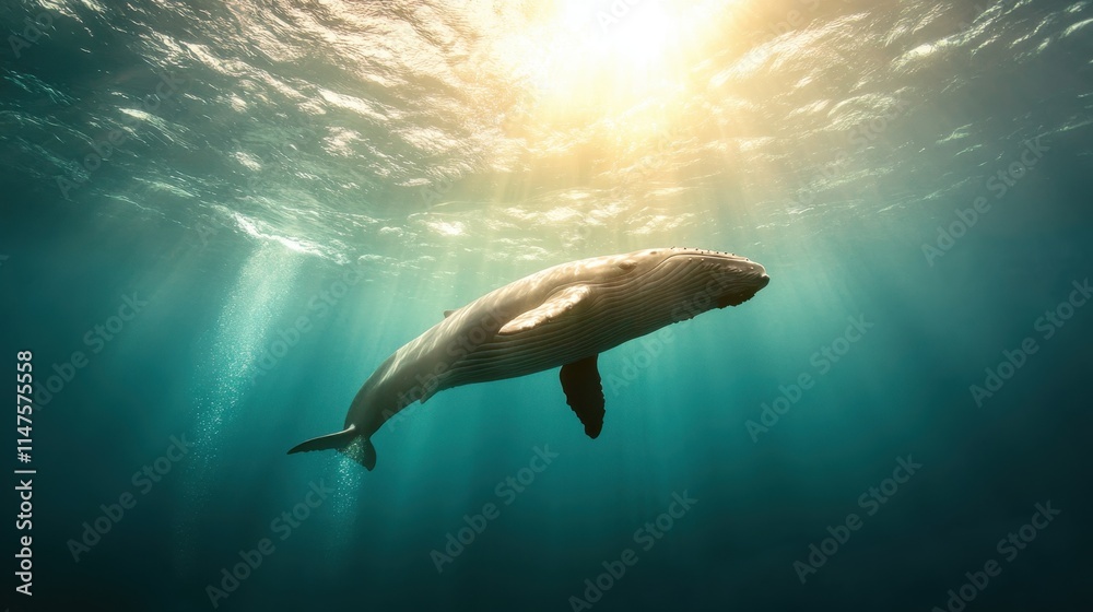 Majestic Whale Breaching Above the Surface of a Pristine Ocean with Radiant Sunlight Filtering Through Water Majestic Whale Breaching Above the Surface of a Pristine Ocean with Radiant Sunlight Filtering Through Water