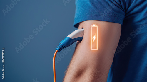 Battery Charging and Human Concept, Conceptual Image of a Charging Cable Plugged into a Human Arm with Digital Battery Indicator