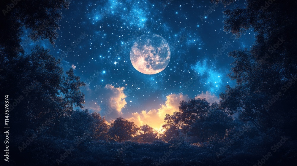 Fototapeta premium Forest, night sky, large moon, starry expanse.