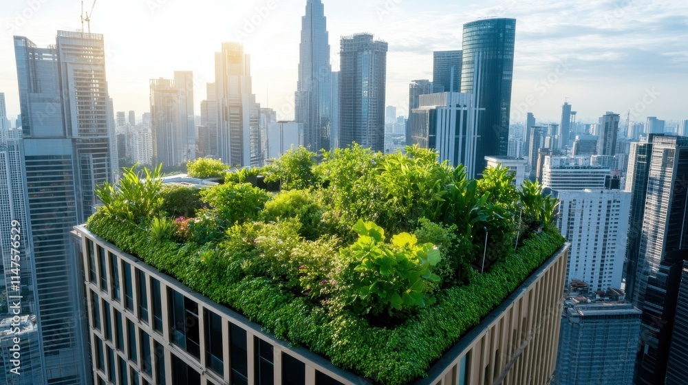 Fototapeta premium Vibrant Rooftop Garden Overlooking Bustling Cityscape with Lush Greenery and Skyscrapers in a Modern Urban Environment