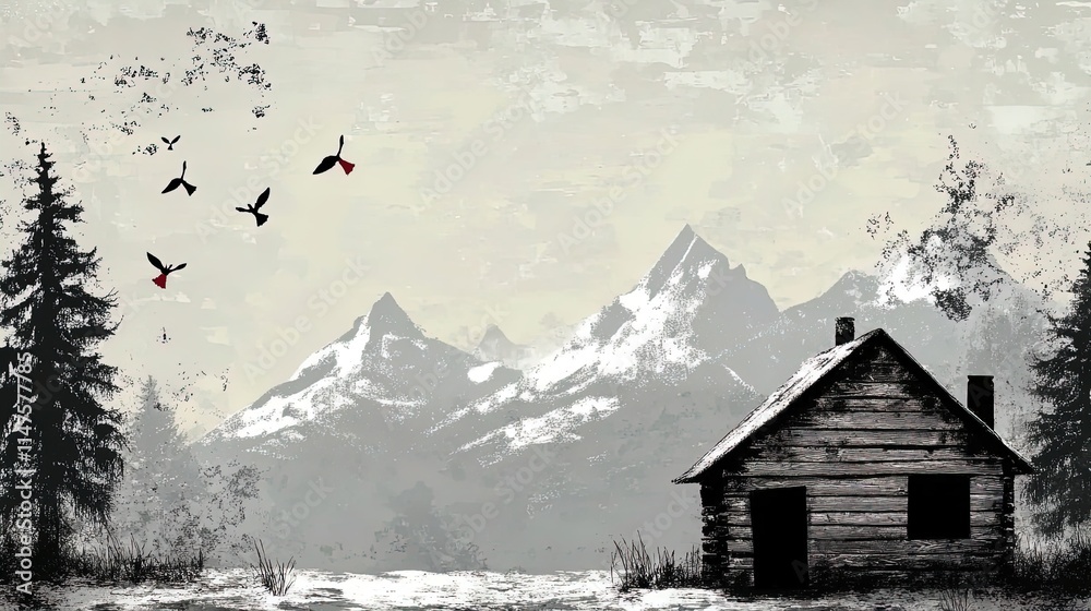 Fototapeta premium winter forest serenity: explore a sustainable off-grid lifestyle with a wooden cabin powered by wind and solar energy - a perfect poster for outdoor and nature-inspired decor!