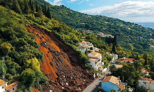A landslide on a hillside near residential buildings and the sea, showcasing environmental impact.