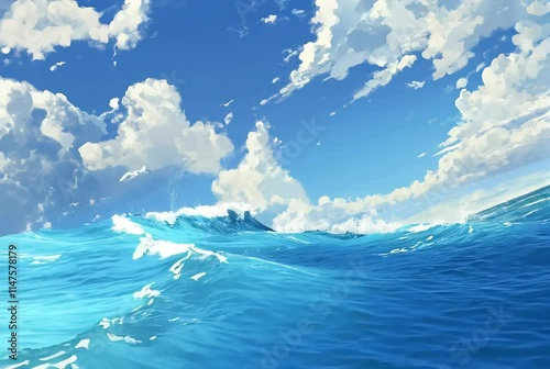 A dolphin jumping out of the water, symbolizing freedom, playfulness, and the beauty of the ocean, with a blue sky background