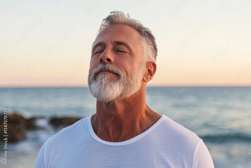 Man Practicing Deep Breathing Exercises at the Beach During Sunset for Relaxation and Wellness Man Practicing Deep Breathing Exercises at the Beach During Sunset for Relaxation and Wellness