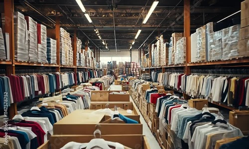 A warehouse filled with stacked clothing and boxes, showcasing a large inventory.