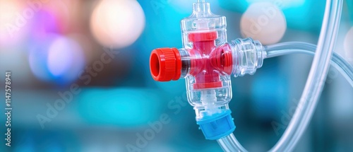 medical challenges awareness concept. A close-up of a medical device connector with red and blue components, set against a blurred, colorful background, suggesting a clinical environment.