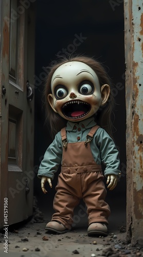 Charmingly creepy horror dolls screaming in your face in a haunted house, Dark Atmosphere