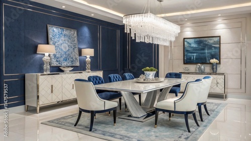 Luxury dining room with polished interiors, Modern dining space with velvet seating
