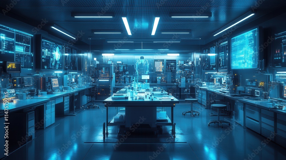A futuristic laboratory filled with advanced technology and screens, showcasing a high-tech research environment. A futuristic laboratory filled with advanced technology and screens, showcasing a high-tech research environment.