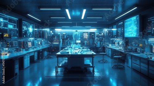 A futuristic laboratory filled with advanced technology and screens, showcasing a high-tech research environment.