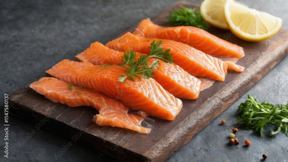 Freshly seasoned raw salmon fillets on wooden cutting board with lemon and herbs, appealing food photography on dark surface. Freshly seasoned raw salmon fillets on wooden cutting board with lemon and herbs, appealing food photography on dark surface.