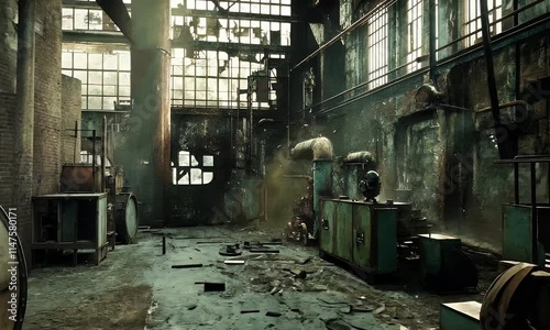 An abandoned industrial space with machinery and sunlight filtering through broken windows.