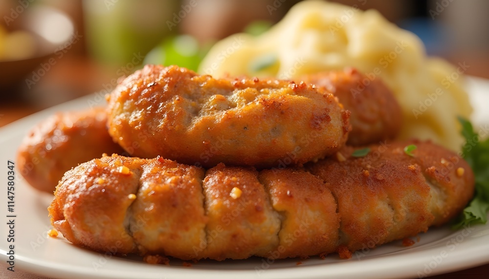 Appetizing Fried Sausages with Crispy Crust and Creamy Mashed Potatoes Appetizing Fried Sausages with Crispy Crust and Creamy Mashed Potatoes