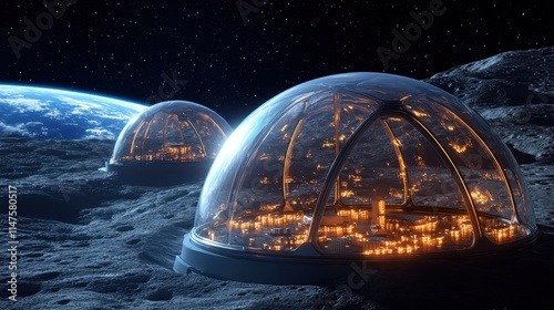 Hyperrealistic Moon Colony with Glowing Biodomes Illuminated Under a Starry Sky, Featuring a Breathtaking View of Earth in the Background