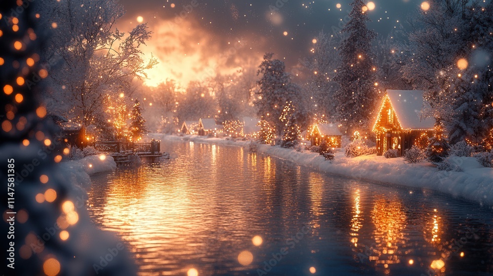 A serene winter landscape featuring glowing cabins by a river at sunset, surrounded by snow and twinkling lights.