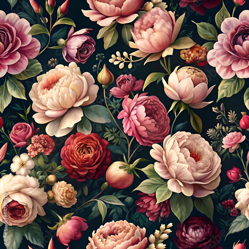 Vintage Floral Pattern with Peonies and Roses on Dark Background