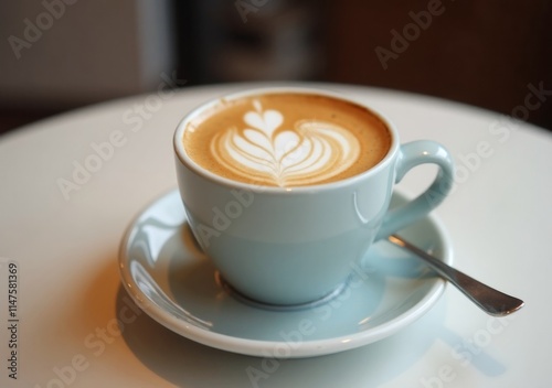Coffee cup with intricate latte art on a table in a cozy cafe setting
