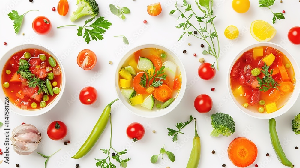 The Appealing Vegetable Soup Isolated on White Background: A Hearty and Nourishing Dish Presented with Visual Charm. The Appealing Vegetable Soup Isolated on White Background: A Hearty and Nourishing Dish Presented with Visual Charm.