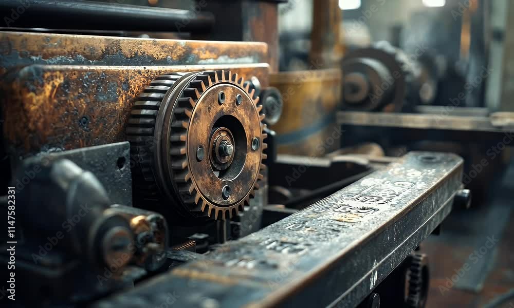 Close-up of a rusty industrial machine part, showcasing gears and metal textures. Close-up of a rusty industrial machine part, showcasing gears and metal textures.