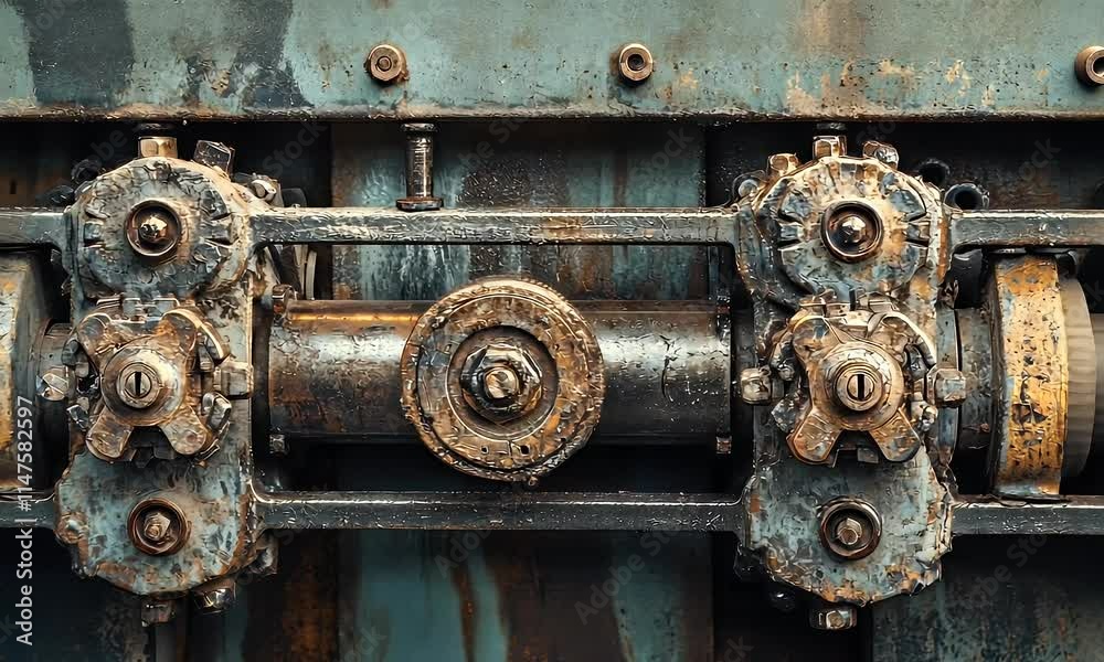 Close-up of an industrial mechanism showcasing gears and a rusty metal surface. Close-up of an industrial mechanism showcasing gears and a rusty metal surface.