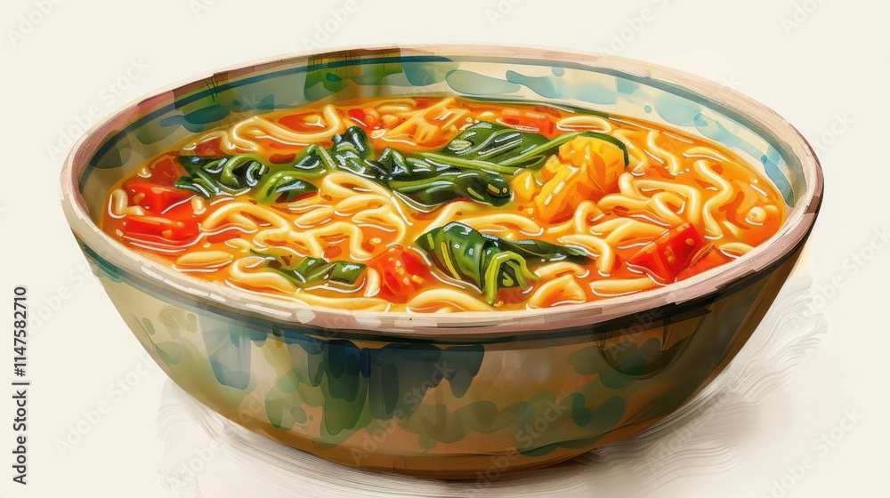 Steaming hot bowl of vibrant and inviting Asian noodle dish loaded with a variety of fresh vegetables herbs and a savory broth Steaming hot bowl of vibrant and inviting Asian noodle dish loaded with a variety of fresh vegetables herbs and a savory broth