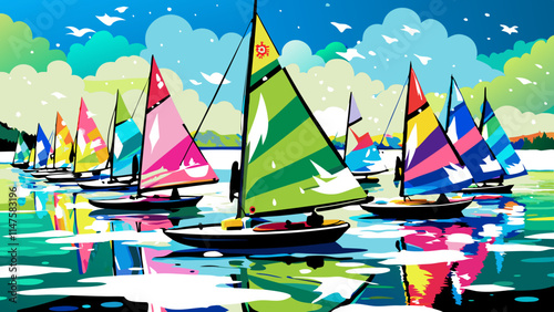 Vibrant Regatta Day: Colorful Sailing Boats on Serene Lake