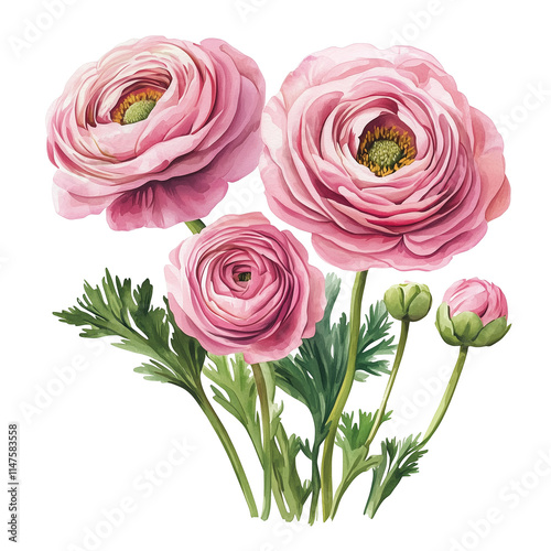 watercolor Ranunculus pink flowers illustration , isolated on transparent background