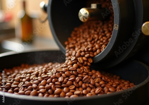 Fresh coffee beans spilling from a vintage grinder in a cozy kitchen setting