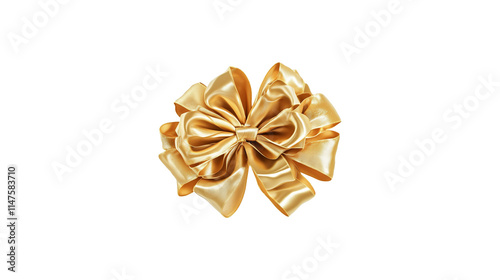 Golden ribbon bow with shiny satin bow on white background.