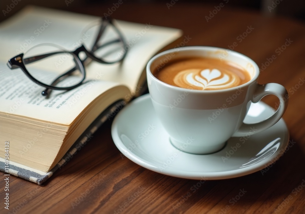 Warm coffee cup and open book with glasses resting beside them on wooden table Warm coffee cup and open book with glasses resting beside them on wooden table