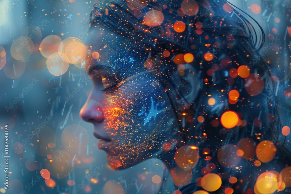 Serene woman's profile with colorful light bokeh and rain overlay, artistic double exposure. Serene woman's profile with colorful light bokeh and rain overlay, artistic double exposure.