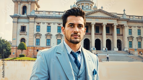 Man in a light blue suit stands in front of a large, light beige building with column photo