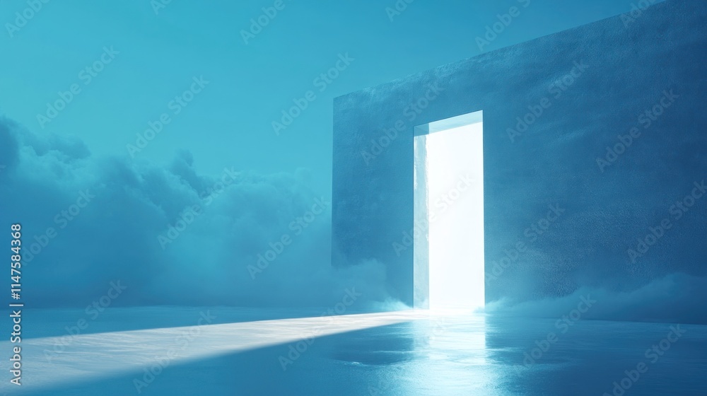 Open door in a blue, cloudy room. Open door in a blue, cloudy room.