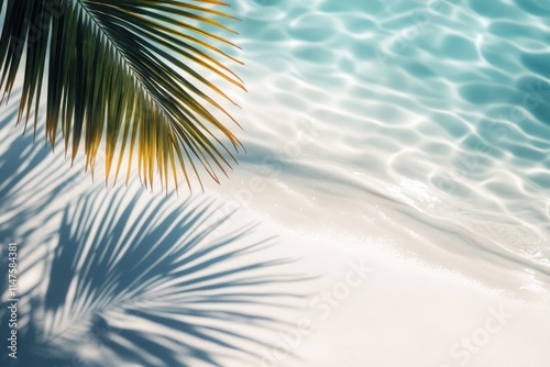 Abstract palm leaf shadow on white sand beach background.