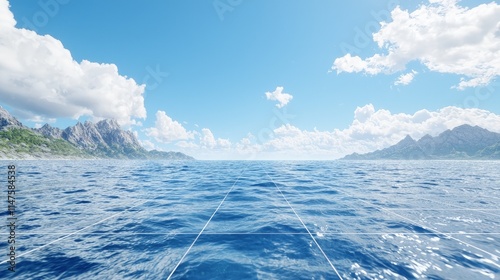 Wide angle view of a calm blue ocean with distant mountainous islands under a bright sunny sky with white clouds.