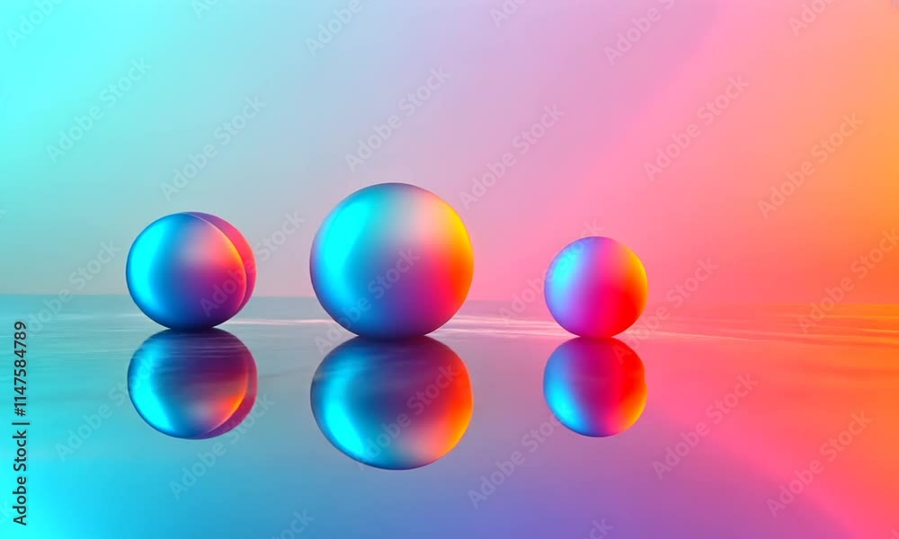 A serene composition of three colorful spheres reflecting in a tranquil environment. A serene composition of three colorful spheres reflecting in a tranquil environment.
