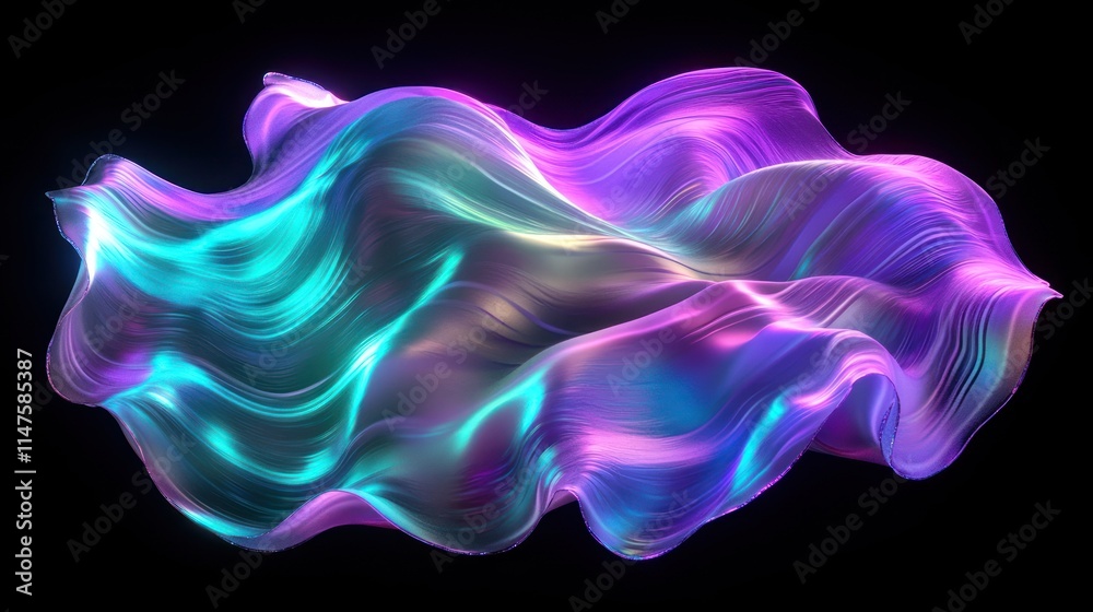 Abstract iridescent flowing wave, vibrant purple and teal colors on black background. Abstract iridescent flowing wave, vibrant purple and teal colors on black background.