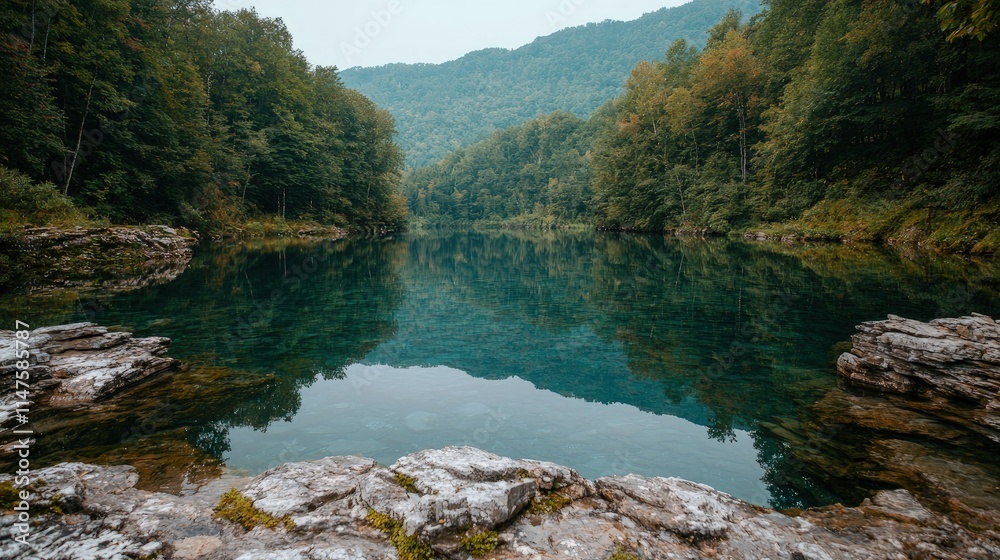 Fototapeta premium Serene mountain lake reflecting lush forest.