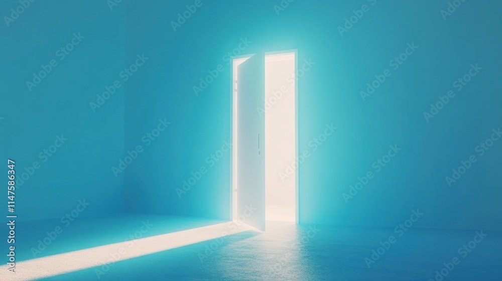 Open door, bright light in blue room. Open door, bright light in blue room.