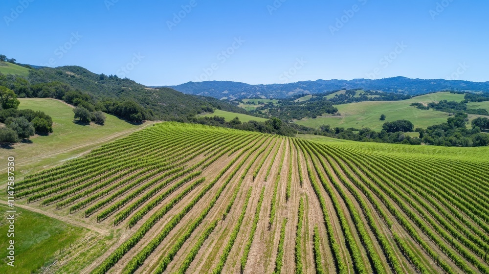 Aerial View of Rolling Hills Covered in Vineyards Under Clear Blue Sky in Scenic Landscape Aerial View of Rolling Hills Covered in Vineyards Under Clear Blue Sky in Scenic Landscape