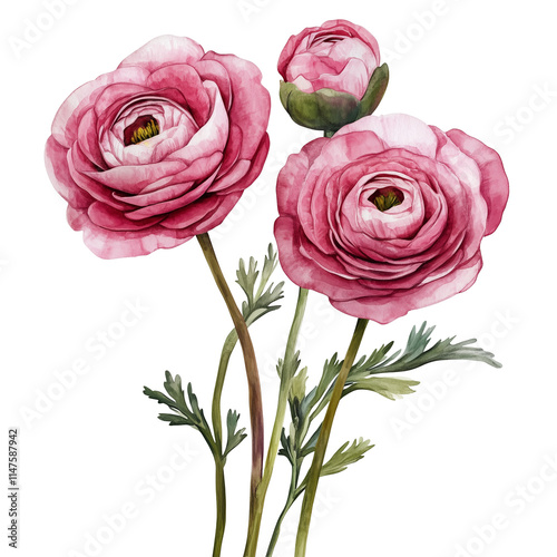 watercolor Ranunculus pink flowers illustration , isolated on transparent background
