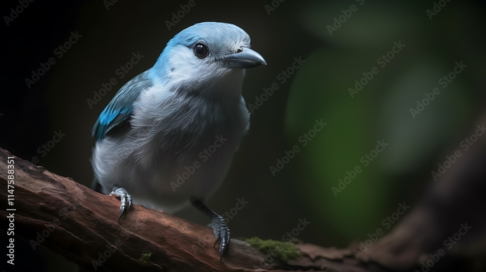 A small, blue and white bird perched on a mossy branch, against a dark background. A small, blue and white bird perched on a mossy branch, against a dark background.