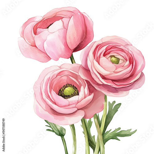 watercolor Ranunculus pink flowers illustration , isolated on transparent background