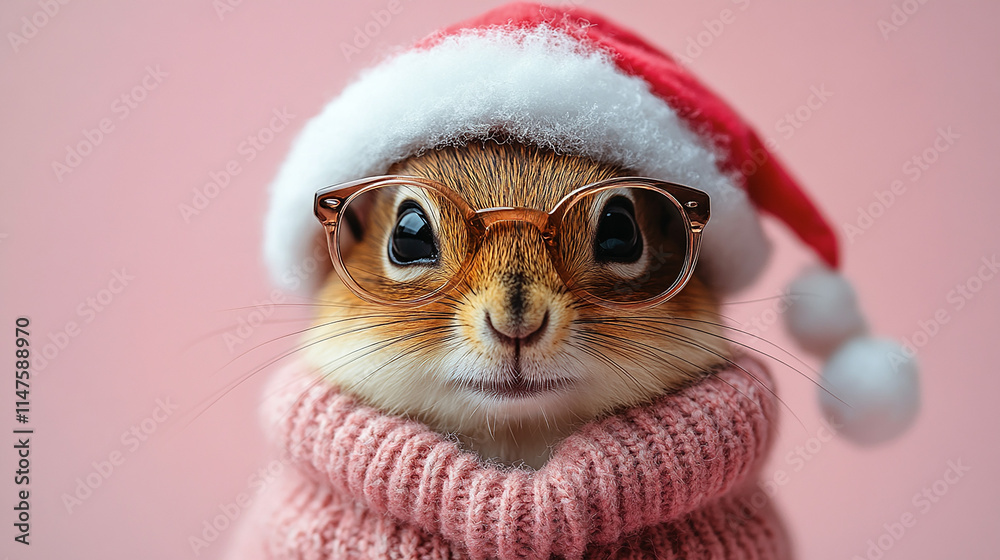 Obraz premium Merry Christmas concept holiday vacation winter animal pet greeting card - Cool Santa Claus dog, cat, dear, rat, with sunglasses and Santa hat, isolated on red background