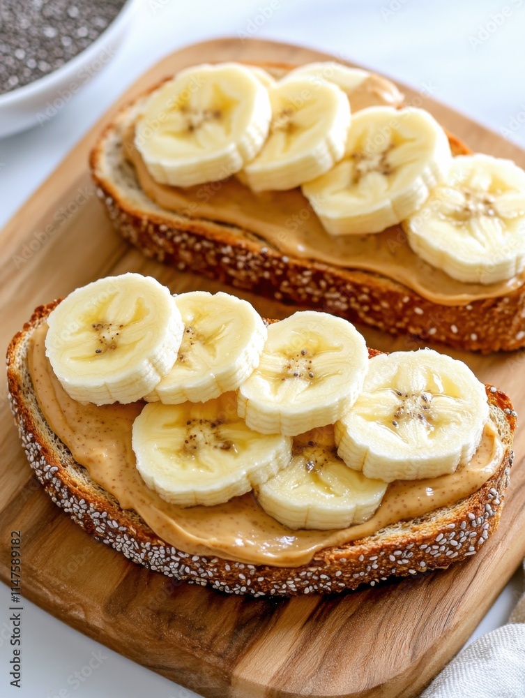 Delicious Almond Butter Toast with Fresh Banana Slices Rustic Kitchen Food Cozy Atmosphere Overhead View Healthy Breakfast Concept Delicious Almond Butter Toast with Fresh Banana Slices Rustic Kitchen Food Cozy Atmosphere Overhead View Healthy Breakfast Concept