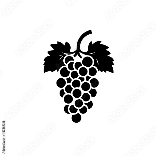 Grape Cluster Silhouette with Leaves, Black and white silhouette of a grape cluster with detailed leaves and stem, showcasing a minimalist and elegant design.

